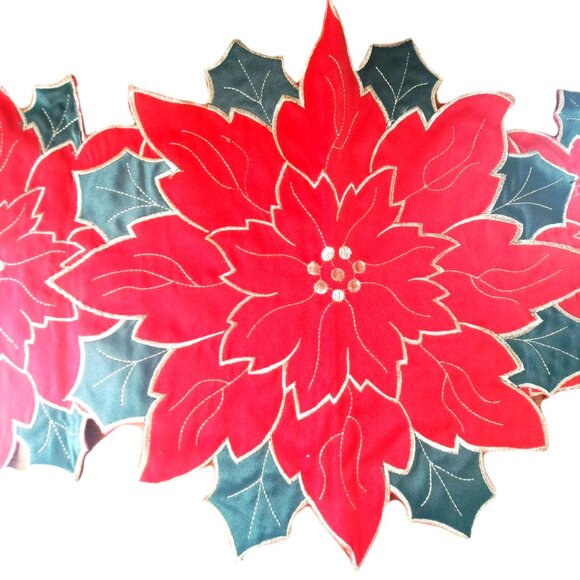 Unbranded Poinsettia & Holly 31" Table Runner Holiday Christmas Red Green Gold - Picture 4 of 5
